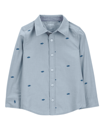 Toddler Long-Sleeve Dinosaur Print Chambray Button-Down Shirt - Blue, 