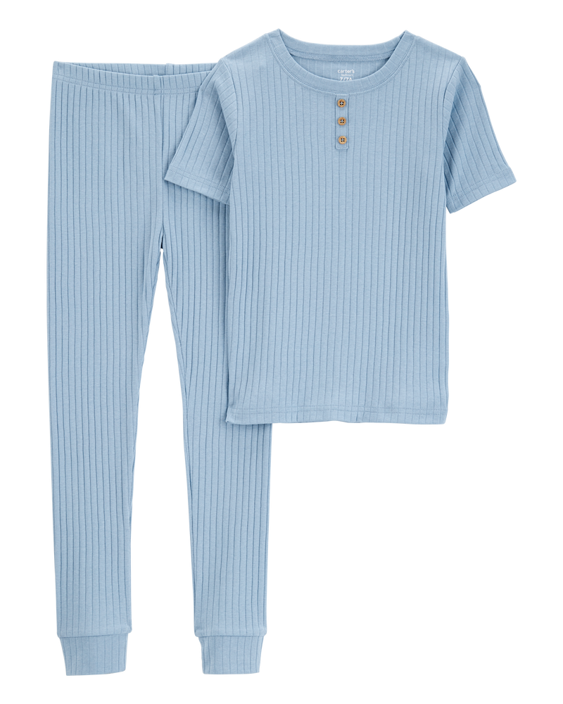 Kid Solid Ribbed Cotton Blend 2-Piece Pyjamas - Blue, image 1 of 3 slides