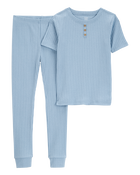 Kid Solid Ribbed Cotton Blend 2-Piece Pyjamas - Blue, image 1 of 3 slides