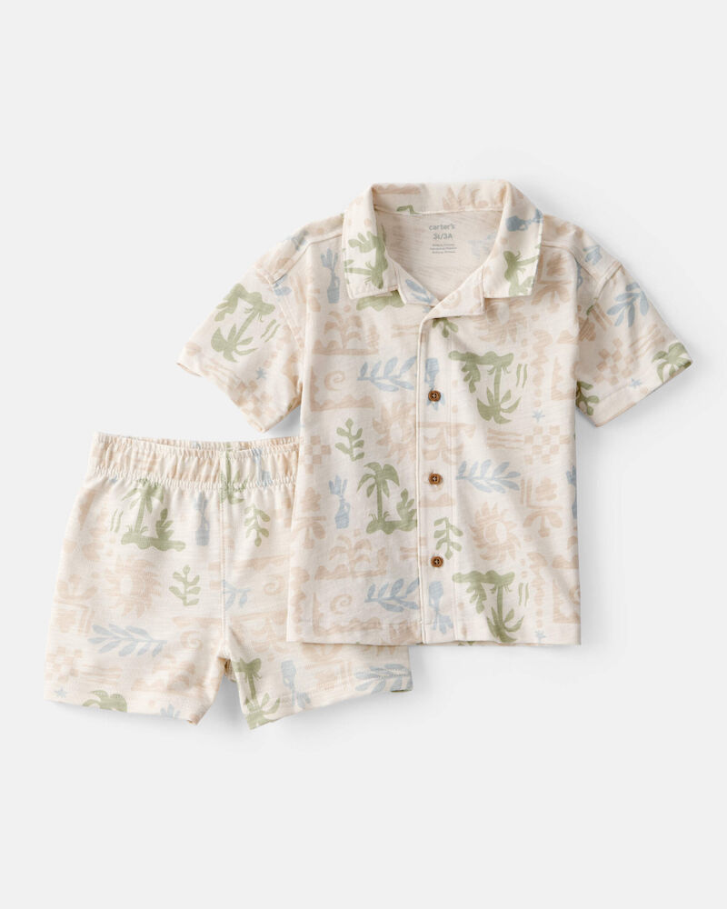 Toddler Boy 2-Piece Palm Tree Tropical Top & Short Set - Cream, image 1 of 4 slides