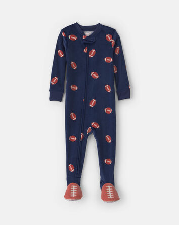 Baby Boy 1-Piece Football 2-Way Zip DreamPlush Snug Fit Footed Pyjama - Navy Blue, 