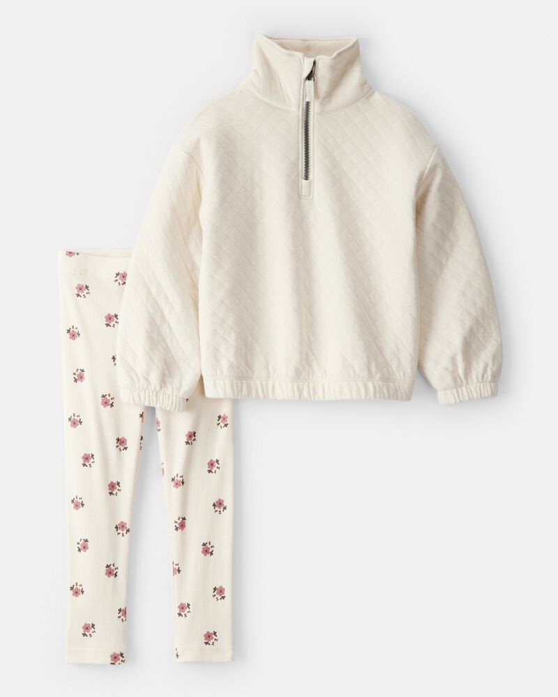 Toddler Girl Quilted Quarter-Zip & Floral Legging Set - Cream, image 1 of 5 slides