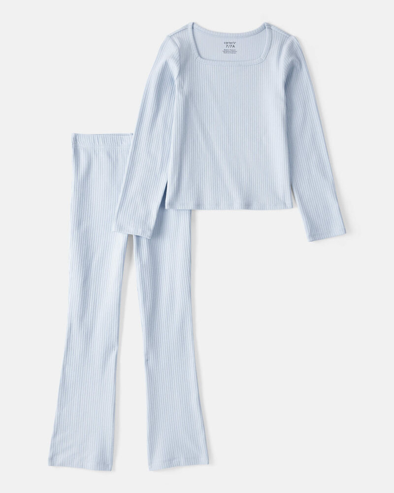 Jeune Ensemble 2 pièces t-shirt côtelé à manches longues à fleurs et pantalon évasé, image 1 sur 3 diapositives