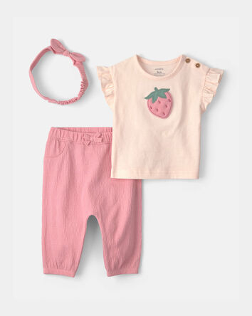 B&eacute;b&eacute; fille - Ensemble 3 pi&egrave;ces haut &agrave; motif fraise et pantalon - Rose, 