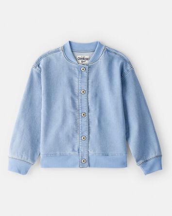 Girls Light Wash Denim Bomber Jacket - Blue, 