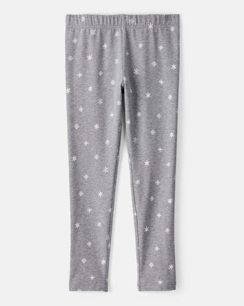 Girls Snowflake Print Cotton Pull-On Stretch Leggings - Grey, 