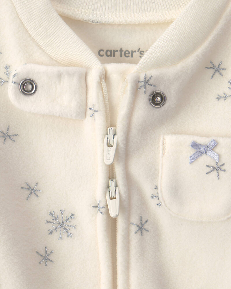 Baby Girl Snowflake Fleece 2-Way Zip Sleep & Play Pyjamas - Cream, image 3 of 5 slides