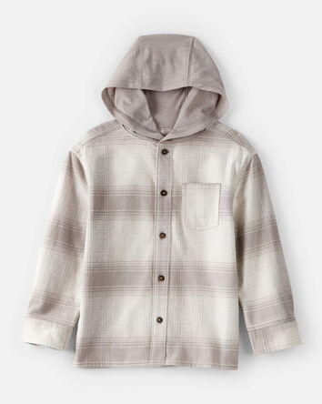 Boys Hooded Button-Down Shirt - Brown, 