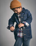 Boys Plaid Denim Jacket - Dark Wash, image 2 of 8 slides