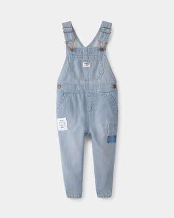 Baby Girl Denim Patch Overalls - Light Wash, 
