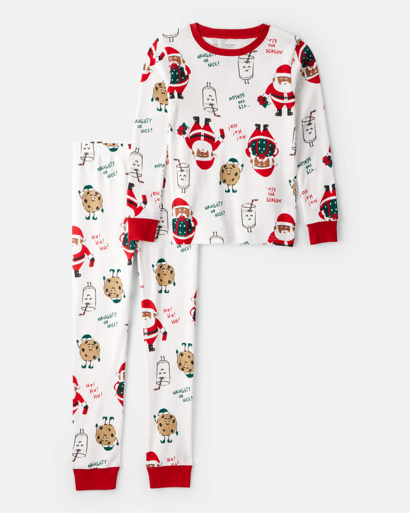Kid Brown Santa Milk & Cookies 100% Cotton Long-Sleeve Snug Fit 2-Piece Pyjamas - White, image 1 of 3 slides