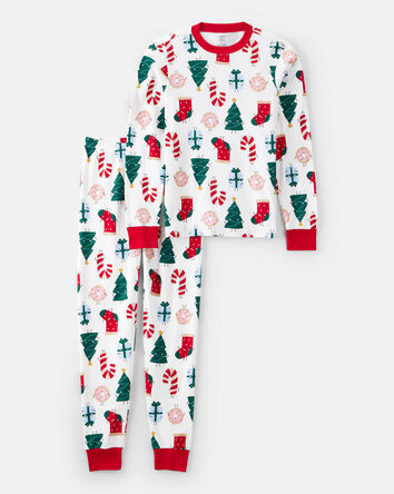 Adultes Pyjama 2 pièces en coton à manches longues et imprimé de Noël – Blanc, 