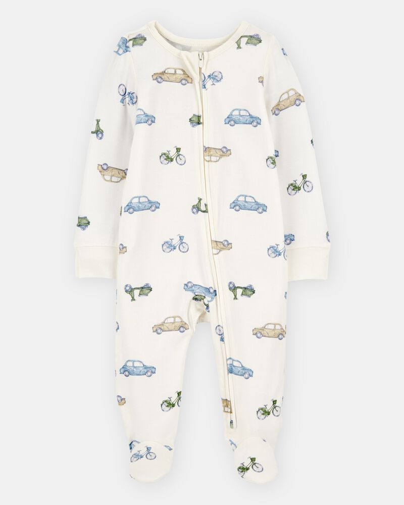 Baby Boy Car Print 2-Way Zip PurelySoft Sleeper Pyjamas - Ivory, image 1 of 6 slides