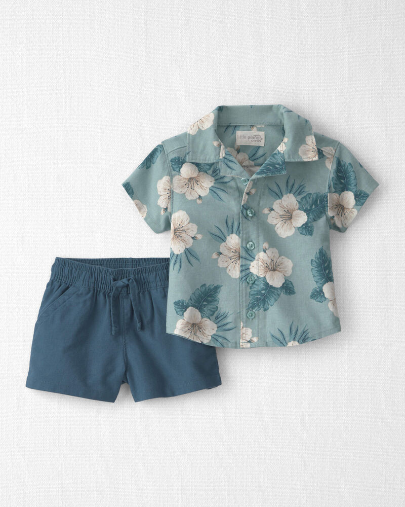 Baby Boy 2-Piece Linen Top & Short Set Made with Organic Cotton in Blue Hibiscus, image 1 of 5 slides