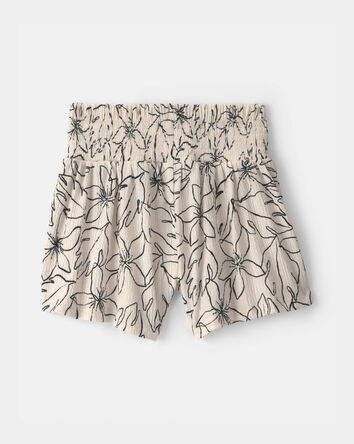 Girls Floral Smocked Crinkle Shorts - Ivory, 
