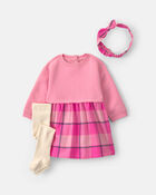 Baby Girl 3-Piece Buffalo Check Flannel Long-Sleeve Dress Set - Pink, image 1 of 4 slides