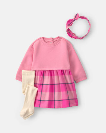 Baby Girl 3-Piece Buffalo Check Flannel Long-Sleeve Dress Set - Pink, 
