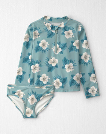 Girls 2-Piece Recycled Rashguard Swimsuit Set in Blue Hibiscus, 