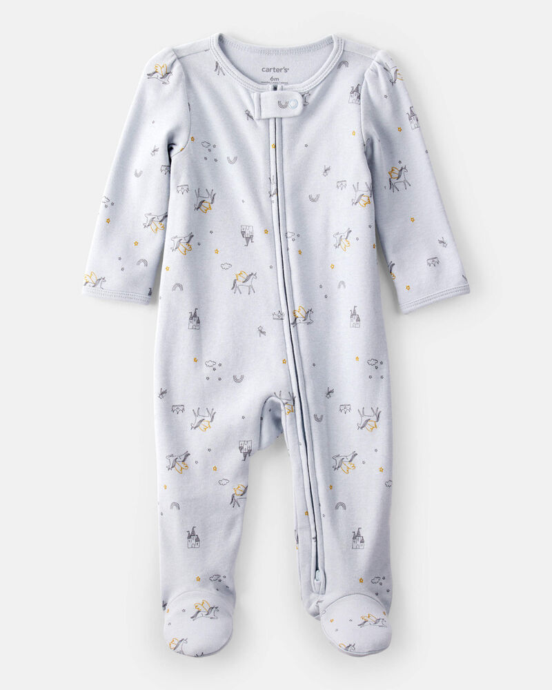 Baby Girl Unicorn Star Print 100% Cotton Long-Sleeve 2-Way Zip Sleeper - Blue, image 1 of 4 slides