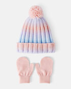 Toddler Girl Ombre Pom Winter Hat & Mittens Set, image 1 of 3 slides