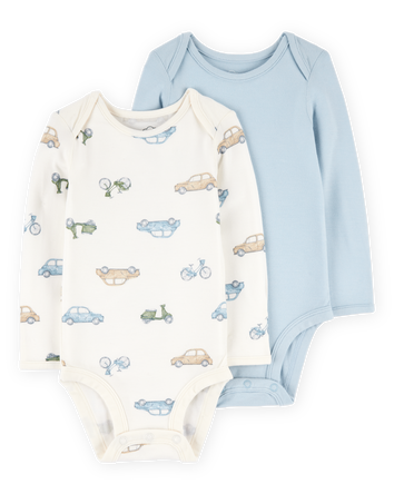 Baby 2-Pack Long-Sleeve PurelySoft Bodysuits - Blue/Ivory, 
