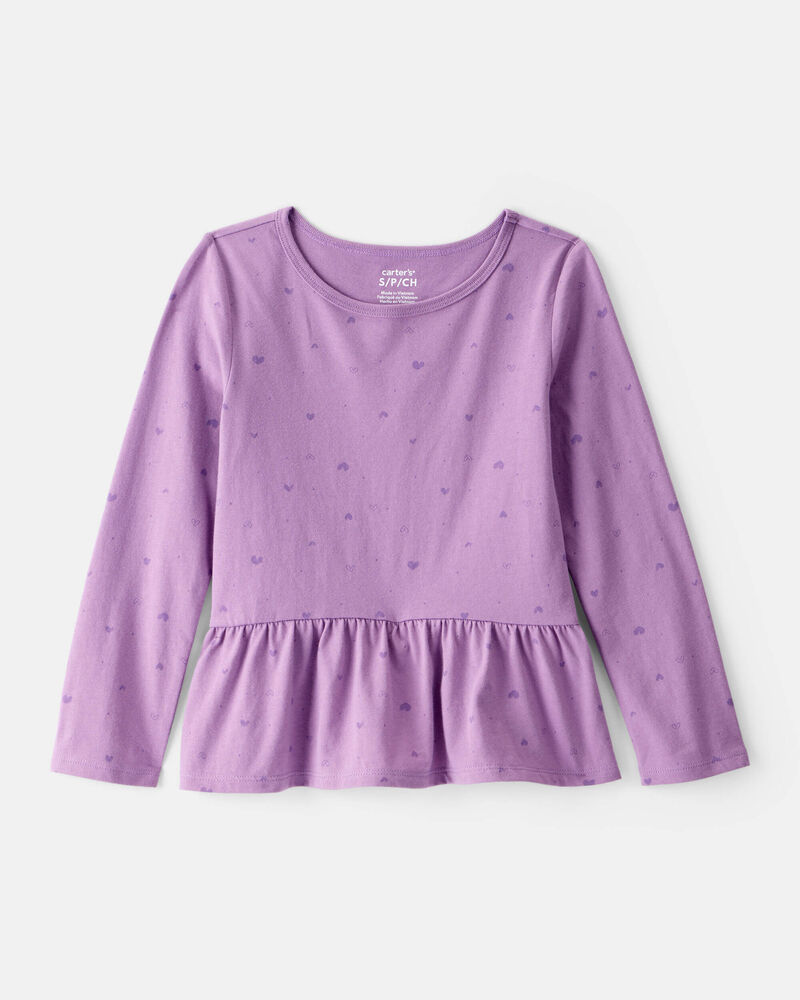 Girls Heart Print Long-Sleeve Peplum Top - Purple, image 1 of 3 slides