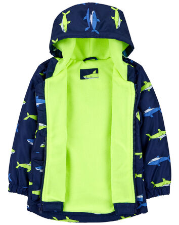 Fleece-Lined Shark Print Rain Jacket, 