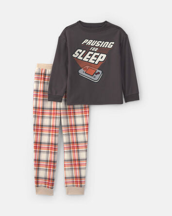 Boys 2-Piece Plaid Gamer Fleece Loose Fit Pyjama Set - Grey/Orange, 