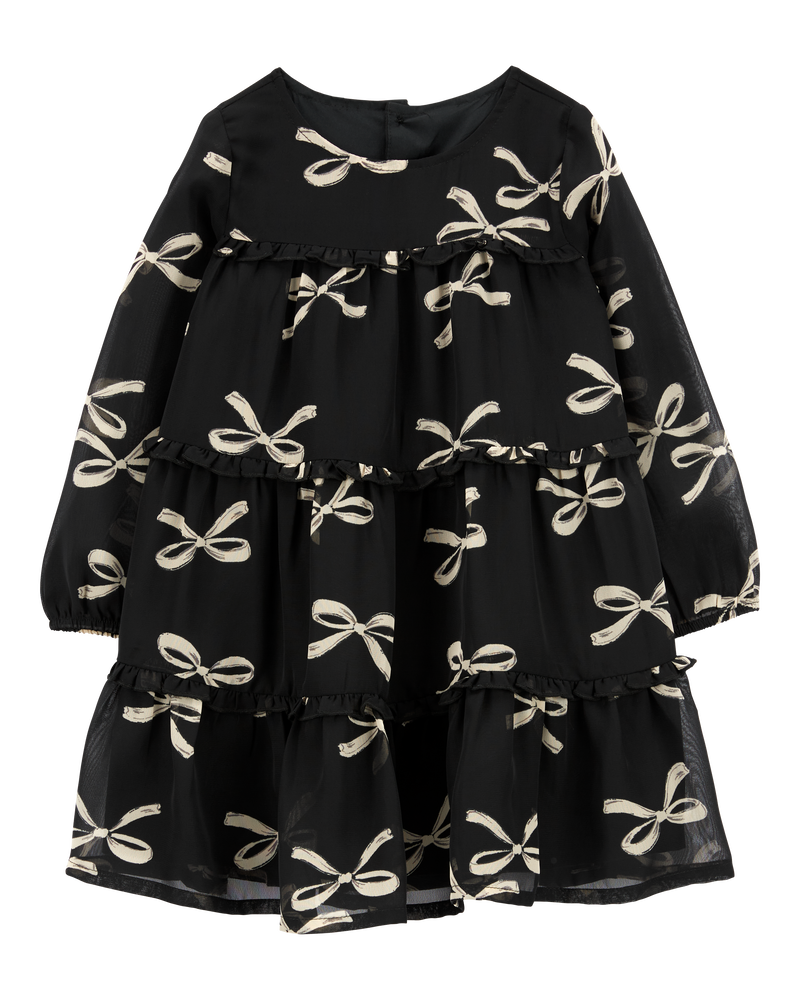Toddler Bow Print Chiffon Holiday Dress, image 1 of 4 slides