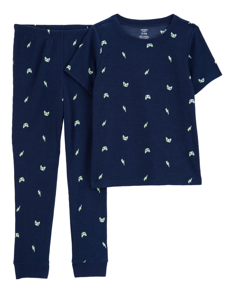 Garçons - Pyjama 2 pièces décontracté en tricot gaufré imprimé gamer - Bleu marine, image 1 sur 3 diapositives