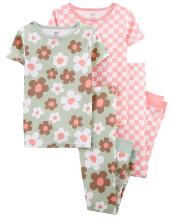 Pyjamas 4 pièces en coton ajusté à fleurs, 