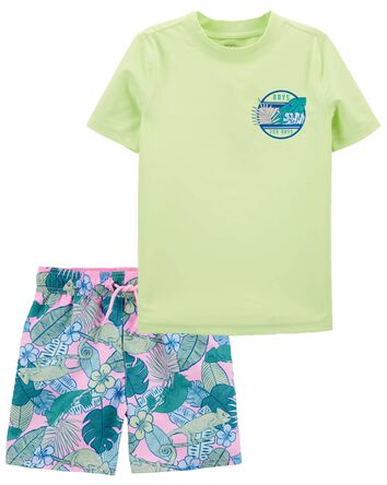 Kid 2-Piece Short-Sleeve Rashguard & Floral Swim Trunks Set, 