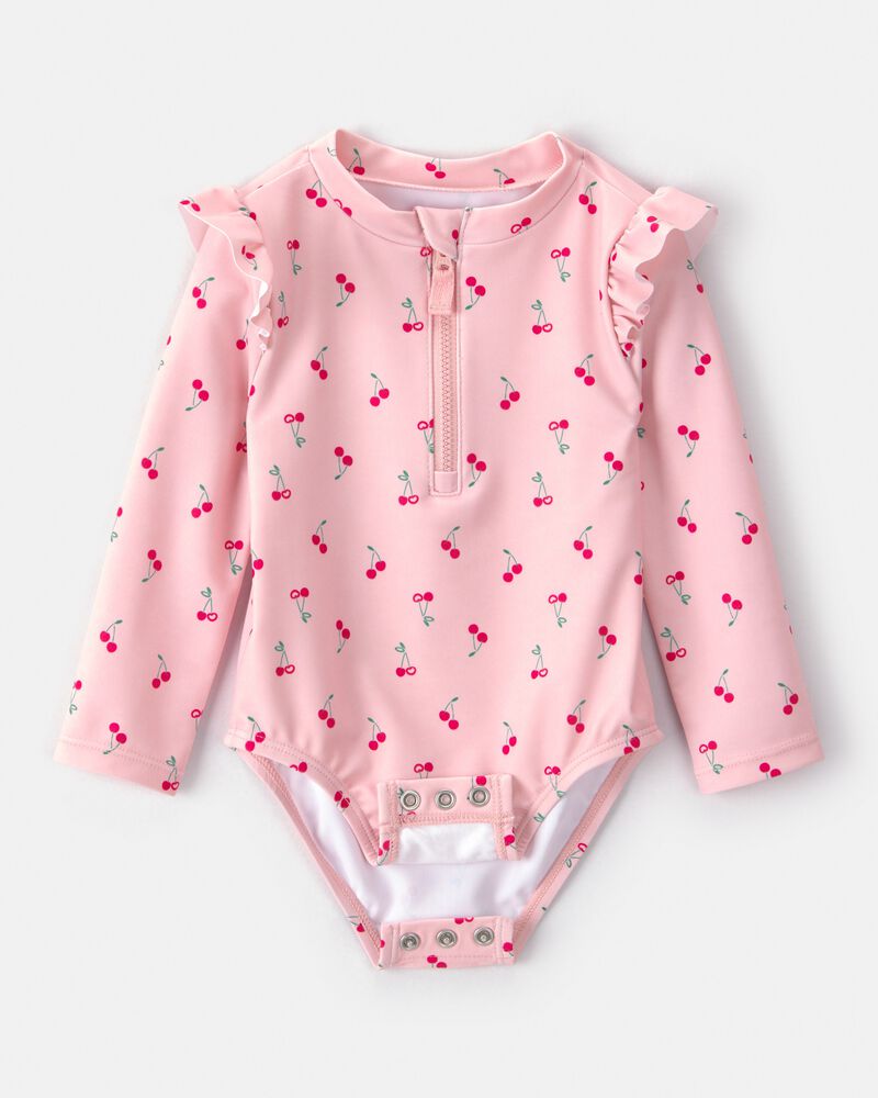 Baby Girl Cherry Long-Sleeve 1-Piece Rashguard Swimsuit - Pink, image 2 of 5 slides
