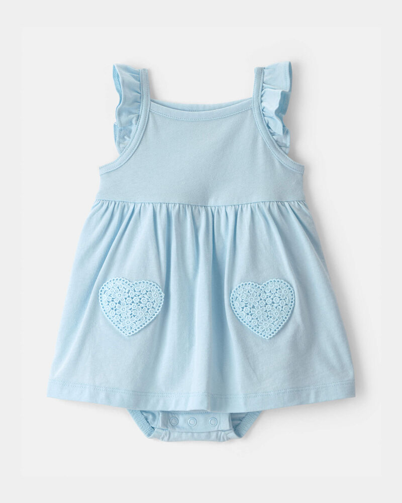 Baby Girl Heart Sleeveless Bodysuit Dress - Blue, image 1 of 4 slides