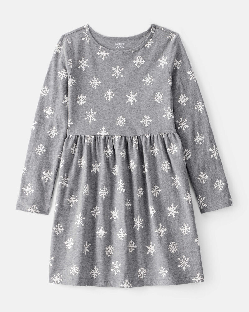 Girls Snowflake Print Cotton Long-Sleeve Dress - Grey, image 1 of 4 slides