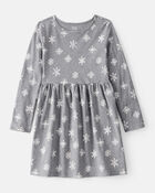 Girls Snowflake Print Cotton Long-Sleeve Dress - Grey, image 1 of 4 slides