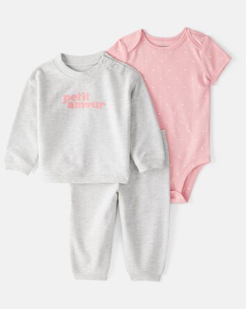 Baby Girl 3-Piece 'Petit Amour' Polka Dot Cardigan Outfit Set - Pink, 