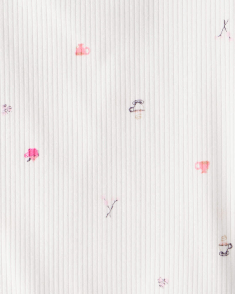 Girls Cafe-Print Ribbed Top - Ivory, image 2 of 3 slides