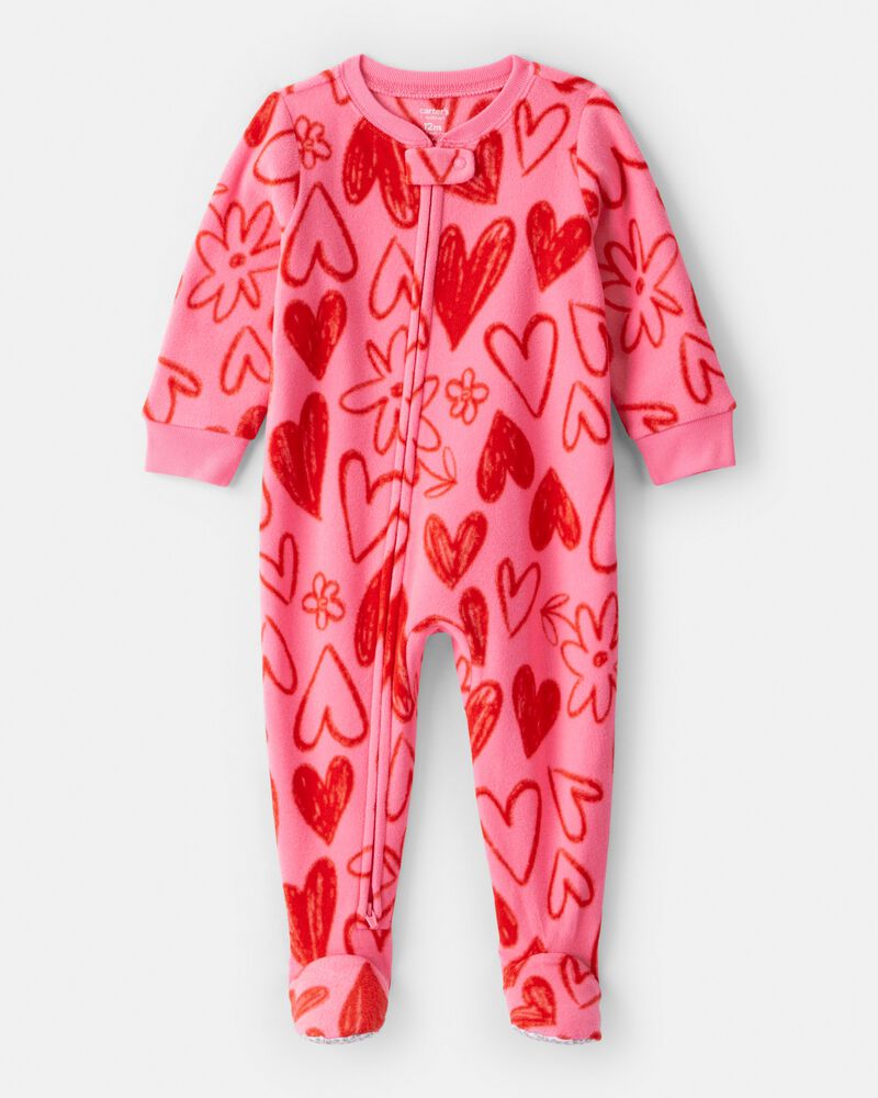Baby Girl Heart Fleece Long-Sleeve Loose Fit 1-Piece Pyjamas - Pink/Red, image 1 of 4 slides
