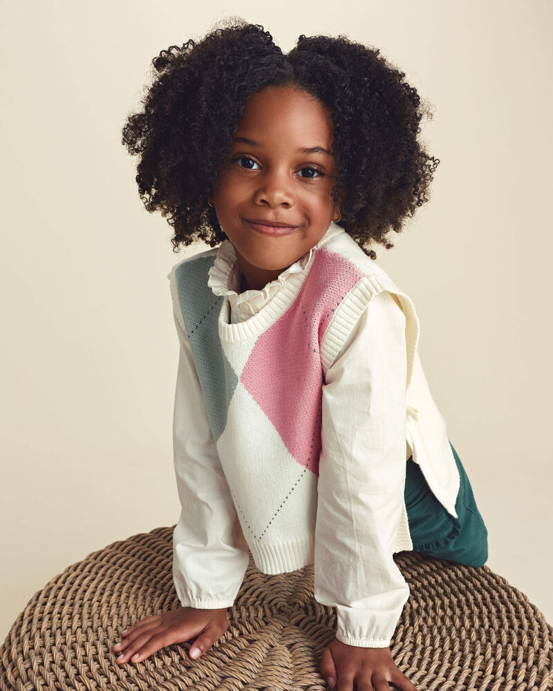 Filles - Ensemble 2 pi&egrave;ces gilet tricot et haut &agrave; carreaux &ndash; Cr&egrave;me, image 2 sur 6 diapositives