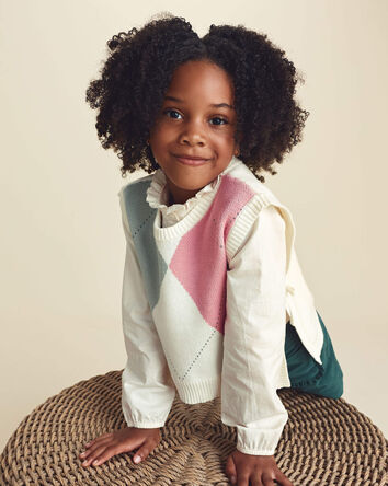 Filles - Ensemble 2 pi&egrave;ces gilet tricot et haut &agrave; carreaux &ndash; Cr&egrave;me, 