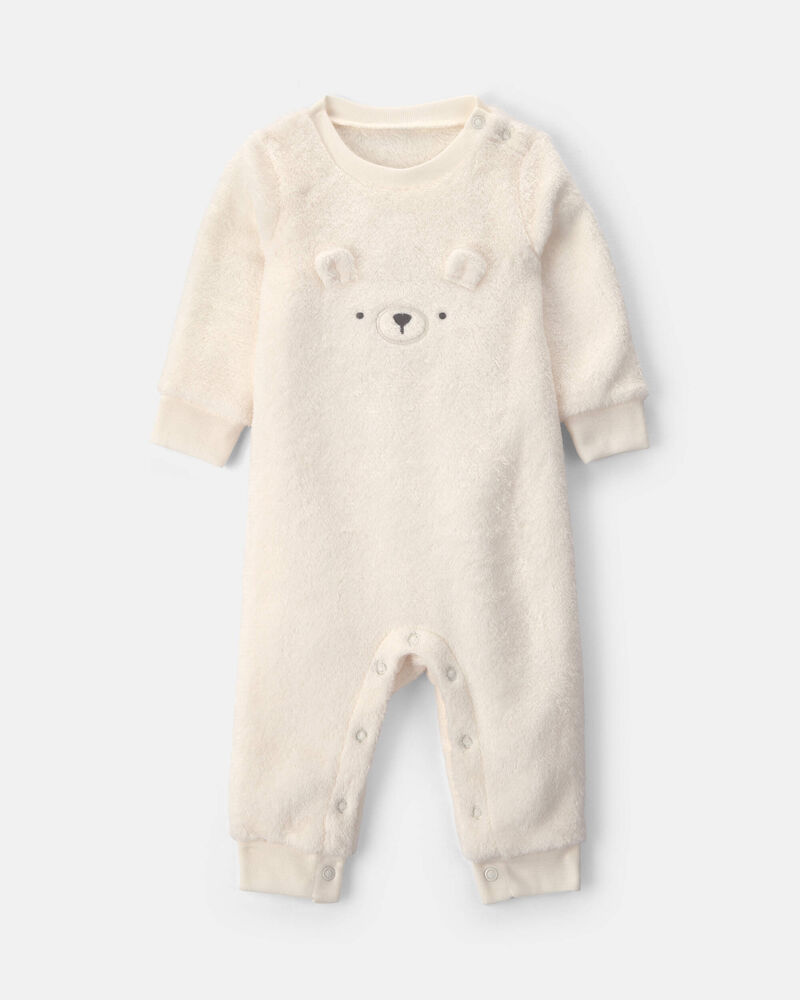 Baby Girl Bear Velvety Long-Sleeve Jumpsuit - Cream, image 1 of 4 slides