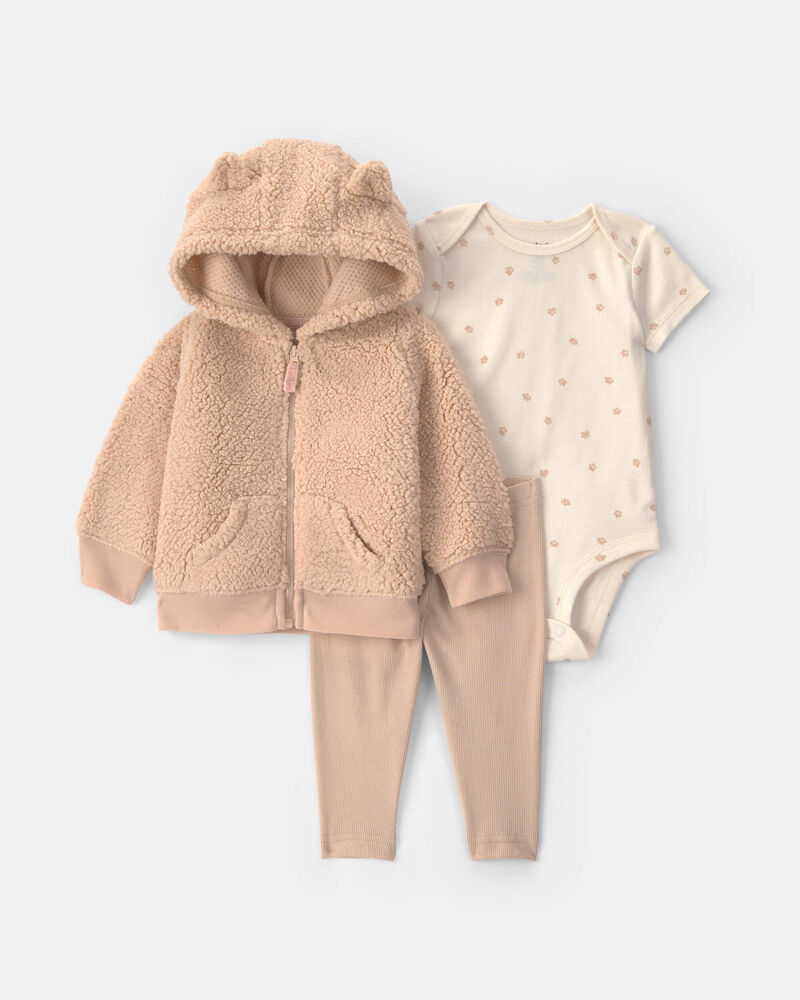 Baby Girl 3-Piece Paw Print Teddy Fleece Layering Set - Brown, image 1 of 6 slides