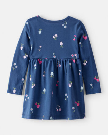 Tout-petit fille - Robe en coton à manches longues imprimé champignons – Bleu, 
