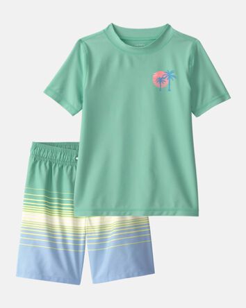 Boys 2-Piece Palm Tree Rashguard & Swim Trunk Set - Green, 