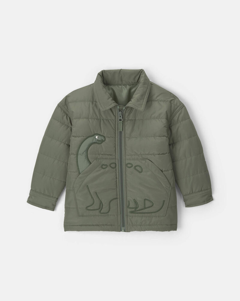 Dinosaur Puffer Jacket - Olive Green, image 1 of 4 slides