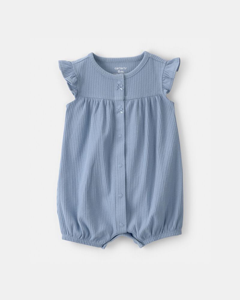 Baby Girl Rib Short-Sleeve Romper - Blue, image 1 of 3 slides