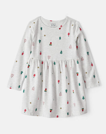 Toddler Girl Christmas Tree Print Long-Sleeve Dress, 