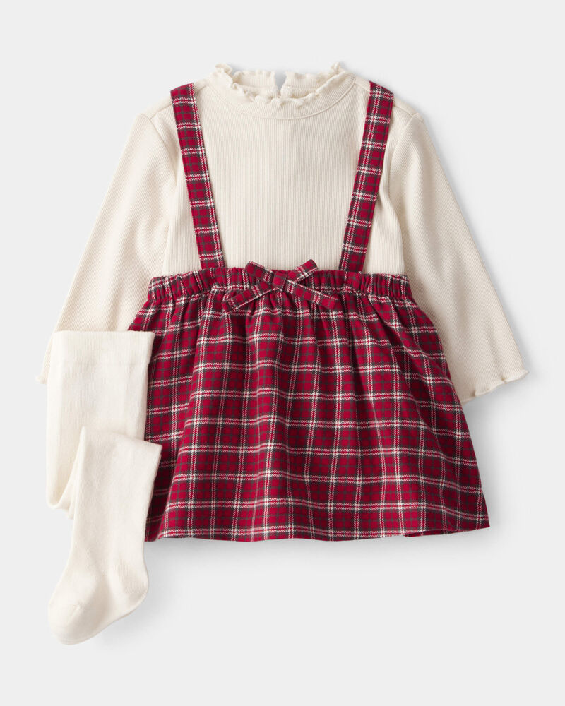 Baby Girl 3-Piece Plaid Print Tee, Skirt & Tight Set - Red, image 1 of 6 slides