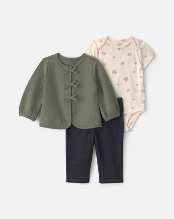 B&eacute;b&eacute; fille - Ensemble 3 pi&egrave;ces &agrave; superposer en jersey bouclette matelass&eacute; &ndash; Vert olive/Cr&egrave;me, 